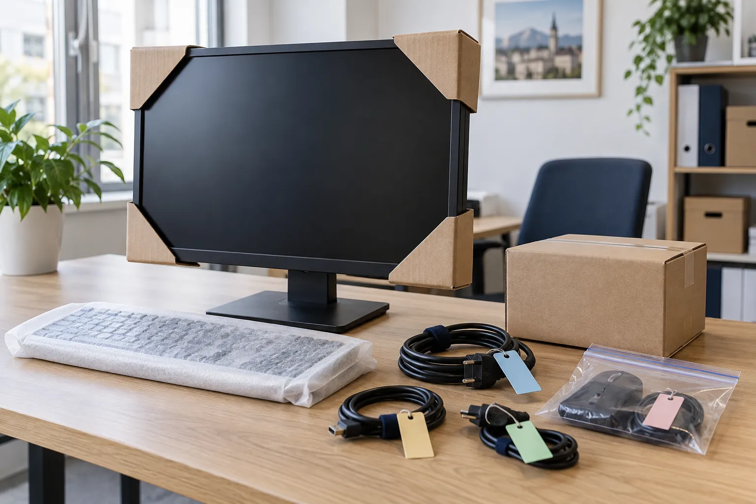 Ausgeschalteter Monitor mit Kantenschutz sowie getrennt geordnete Kabel und Zubehör.