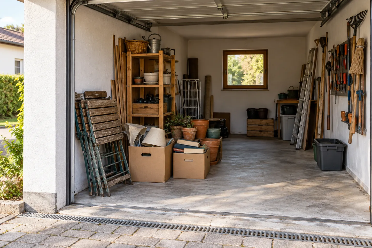 Gartenmöbel, Kartons und ältere Gegenstände seitlich in einer Garage mit freiem Durchgang.