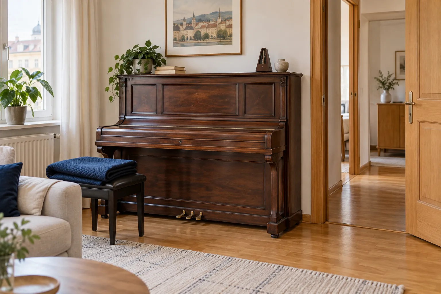 Beispiel eines stehenden Klaviers mit freiem Zugang zur Wohnungstür.