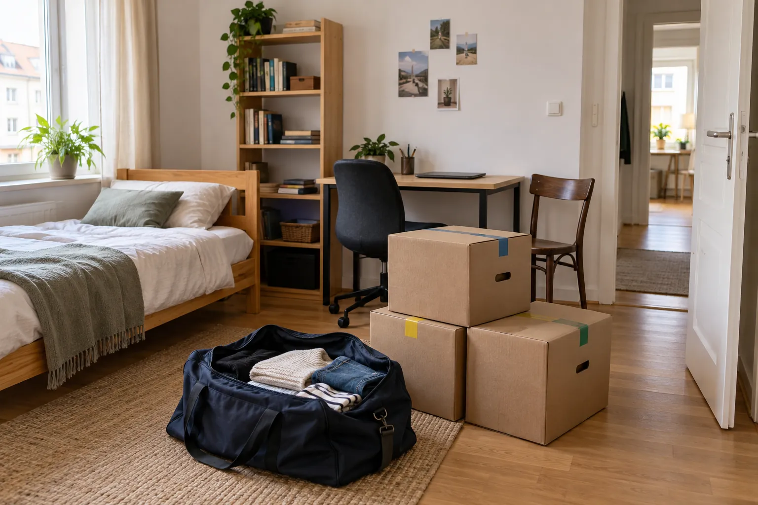 Kleines WG-Zimmer mit wenigen gepackten Kartons, Schreibtisch und Reisetasche.