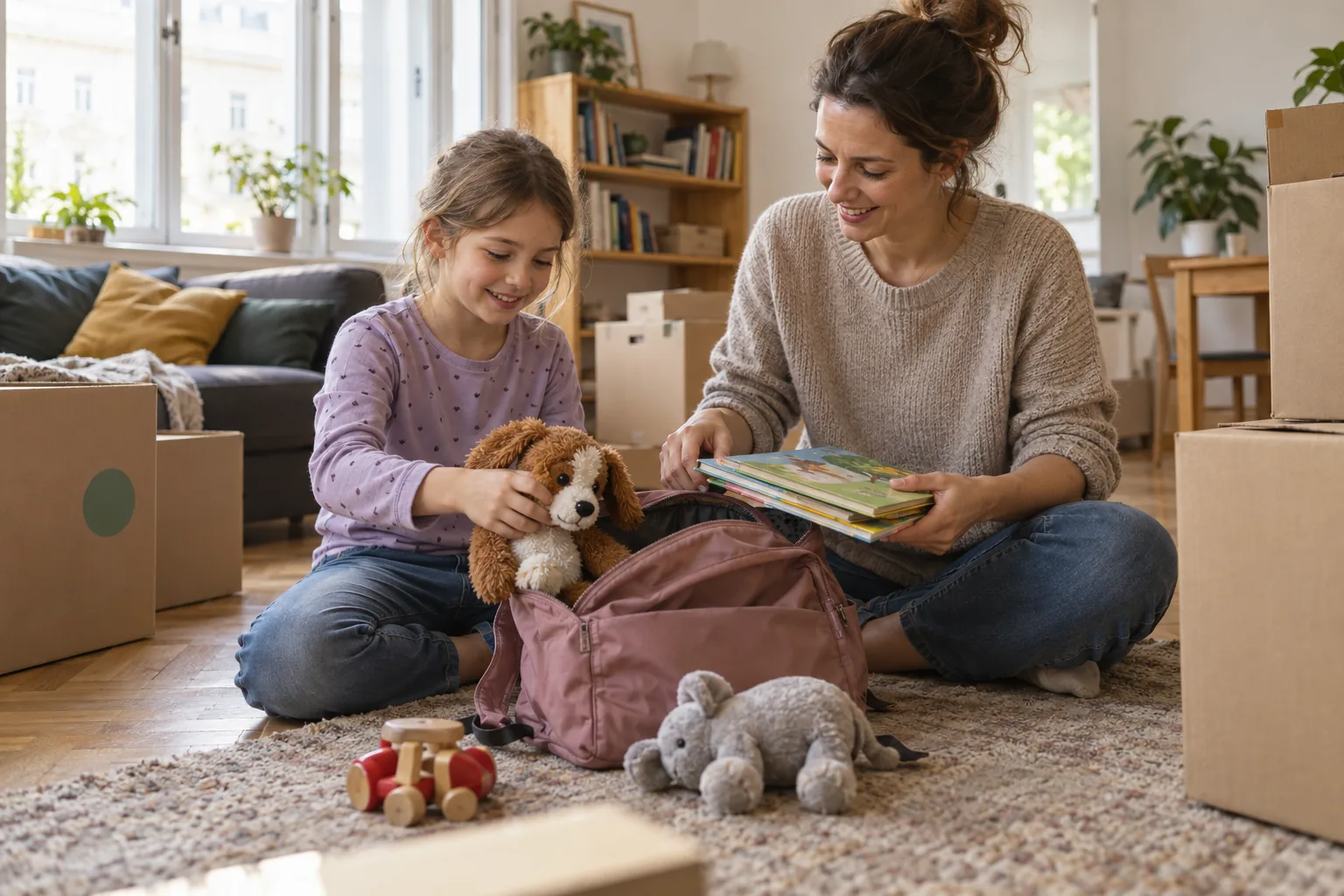Ein Elternteil und ein Kind wählen Bücher und ein Kuscheltier für eine persönliche Tasche aus, neben ihnen stehen Umzugskartons.